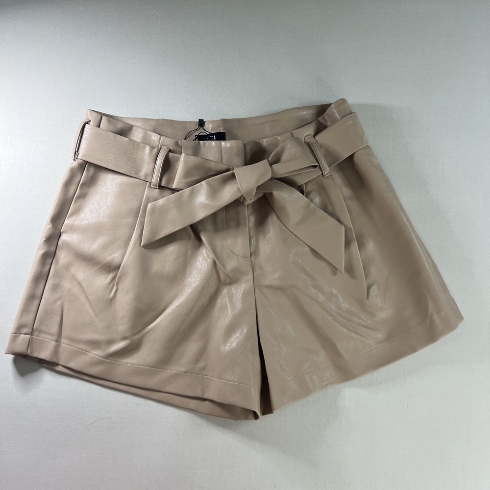 Lucca Couture Tan Faux Leather Tie Waist Paperbag Shorts NWT Large LCB1139